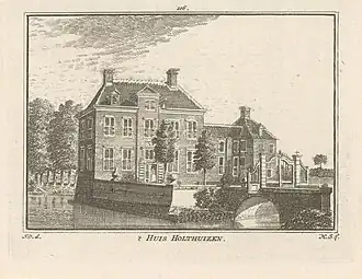 Holthuis op een prent uit 1750, naar het voorbeeld van Jan de Beijer