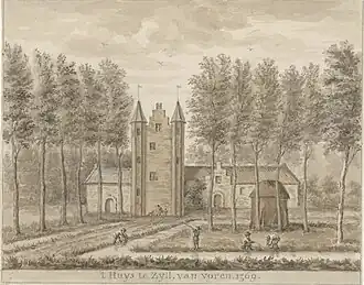 Het kasteel zoals het er in 1569 zou hebben uitgezien. De tekening dateert uit eind 18e eeuw.