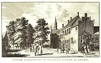 Aanzicht van de kloostergebouwen naar een tekening van Cornelis Pronk uit 1735