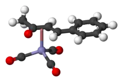 Molecuulmodel van (benzylideenaceton)ijzertricarbonyl