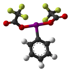 Molecuulmodel van [bis(trifluoroacetoxy)jood]benzeen