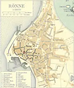 Kaart van Rønne met markering waar Villum Clausen gouverneur Johan Printzensköld doodschoot.