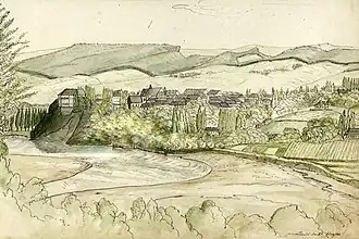 Het Koninklijk Kasteel van Sanok, gelegen aan de rivier de San, de naastgelegen stad Sanok en het omringende gebergte in 1847