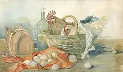 Gele hanen en wit gevogelte