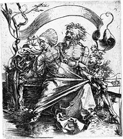 Jonge vrouw aangevallen door de Dood[1] 1495 Kopergravure 110 × 92 mm Bartsch 92