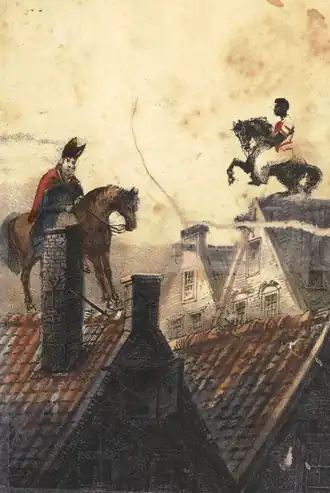 Sinterklaas met zijn knecht beiden te paard over de daken