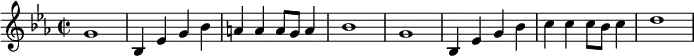 {\key es \major\time 2/2 g'1 bes4 es' g' bes' a' a' a'8 g' a'4 bes'1 g'1 bes4 es' g' bes' c''4 c'' c''8 bes'8 c''4 d''1  }