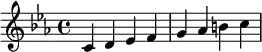  \relative c' { \clef treble\key c \minor c d es f | g as b c } 