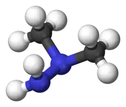 Molecuulmodel van 1,1-dimethylhydrazine