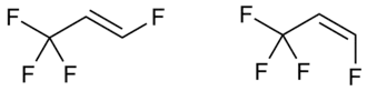 Structuurformule van trans- (links) en cis-1,3,3,3-tetrafluorpropeen (rechts)