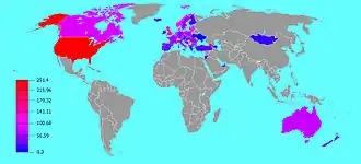De landen die bijdragen aan de ISAF-macht; ingekleurd naar het aantal bijgedragen troepen in verhouding tot hun bevolkingsaantal. Hoe roder, hoe hoger de relatieve bijdrage.