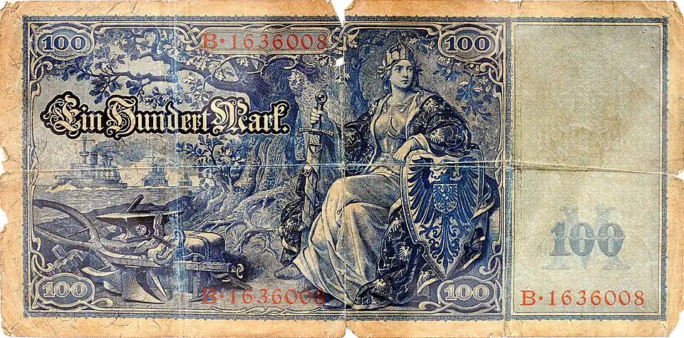 Germania op een bankbiljet van 100 Duitse mark, 1908