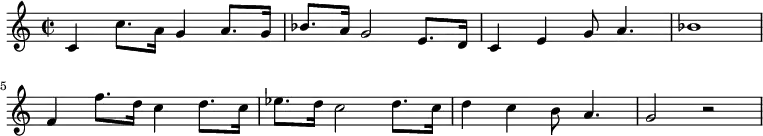 {\key c \major
  \time 2/2 c'4 c''8. a'16 g'4 a'8. g'16 bes'8. a'16 g'2 e'8. d'16 c'4 e' g'8 a'4. bes'1 f'4 f''8. d''16 c''4 d''8. c''16 es''8. d''16 c''2 d''8. c''16 d''4 c'' b'8 a'4. g'2 r2}