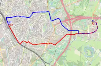 De voormalige buslijnen 11 (blauw) en 12 (rood).