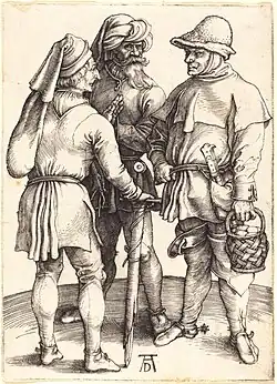 Drie boeren in gesprek[12] 1495–1499 Kopergravure 109 × 76 mm Bartsch 86