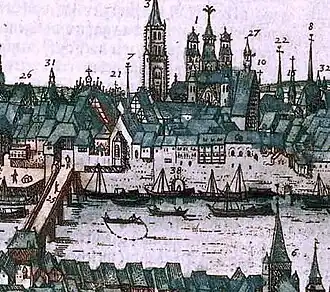 Gezicht op de Bokstraat met 1e Augustijnenklooster (7) en Jodenpoort (38), ca 1575