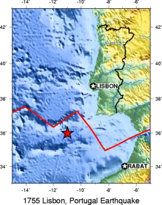 Vermoedelijk epicentrum van de aardbeving van Lissabon in 1755