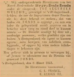 Bekendmaking van het opgerichte Fonds 8 maart 1843