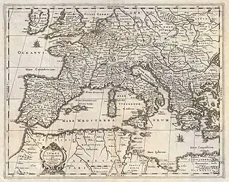 alt=Kaart van Europa uit ca. 1615-1624 ontworpen door Haraeus (zie barokke titelcartouche links onder)