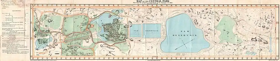 Landkaart van het gedeeltelijk voltooide park op 1 januari 1860, kort voor het eerste ontslag van Frederick Olmsted als hoofdopzichter