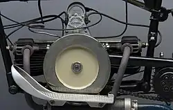 Linkerkant van de motor met het vliegwiel en de primaire ketting