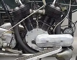 De rechterkant van de V-twin, met de kleppen, de aandrijving van de ontstekingsmagneet, de carburateur en de drieversnellingsbak