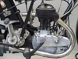 De 250cc-zijklepmotor met de beide kleppen, de aandrijving van de ontstekingsmagneet, het rempedaal, de drieversnellingsbak en de kickstarter.