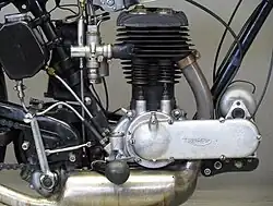 De rechterkant van de staande zijklepmotor met rechts de aandrijving van de magdyno, de beide kleppen, de Amal-carburateur, de olietank met leidingen en de kickstarter.