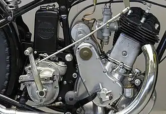 De zijklep-sloper van 1933. Uiterst rechts de uitstulping van het carter die het oliereservoir bevat. De magdyno voor ontsteking en verlichting zit net als de carburateur achter de cilinder. De vierversnellingsbak in handgeschakeld en daar zit ook de kickstarter.