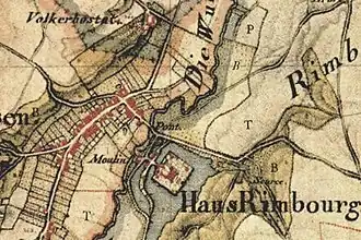 Kasteel Rimburg en de watermolen ("Moulin") op de Trachotkaart van 1805-1807