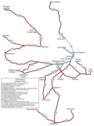 Bostons tramnet in 1953
