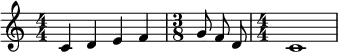  \relative c' { \clef treble \numericTimeSignature \time 4/4 c4 d e f | \autoBeamOff \time 3/8 g8 f d | \time 4/4 | c1 |} 
