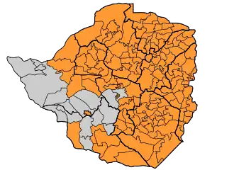 De verspreiding van cholera in Zimbabwe ten tijde van 19 februari 2009, met gegevens uit verschillende bronnen.[1][2][3][4][5]