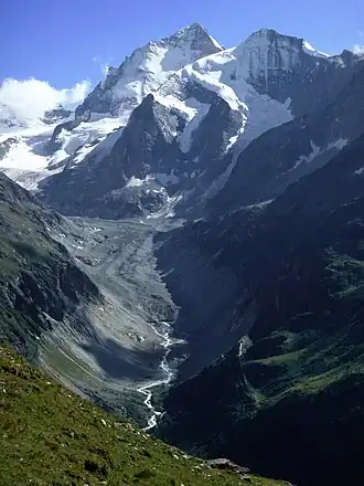 De Zinalgletsjer voor de Dent Blanche en Grand Cornier