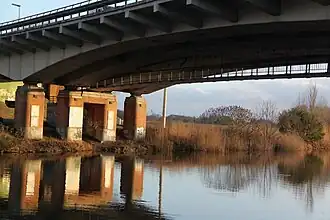 De Leie ter hoogte van de Goedingebrug, met voetgangersbrug aan de onderzijde (2010)