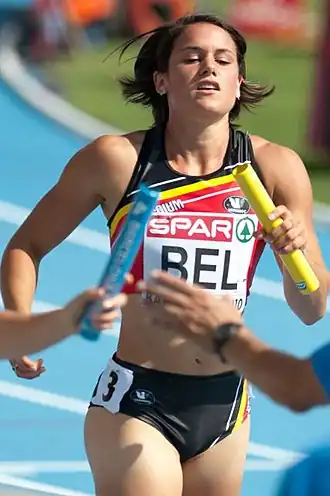 Tijdens de 4 x 100 m op de EK in 2010, Barcelona
