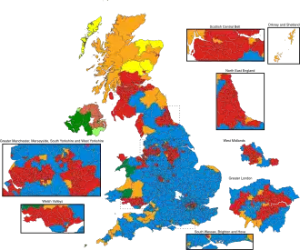 alt=UITSLAGENKAART met de winnende partij per kiesdistrict: Blauw: Conservatives (306) Rood: Labour Party (258) Donkergeel: Liberal Democrats (57) Bruin: Democratic Unionist Party (Noord-Ierland) (8) Lichtgeel: Scottish National Party (6) Donkergroen: Sinn Féin (Noord-Ierland) (5) Lichtgroen (Wales): Plaid Cymru (3) Lichtgroen (Noord-Ierland): SDLP (3) Lichtgroen (Engeland): Green Party of England and Wales (1) Donkergeel (Noord-Ierland): Alliance Party of Northern Ireland (1)