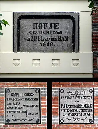 De gevelstenen in de voorgevel van het hofje