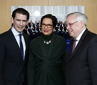 Sebastian Kurz (links), Elisabeth Steiner (midden) en Dean Spielmann (rechts) bij de Raad van Europa (Straatsburg, 27 januari 2014).