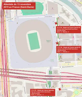 Kaart van Saint-Denis met de locaties van de drie aanslagen
