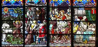 Glas-in-loodramen (v.l.n.r. Paschalis Baylon, martelaren van Gorcum, laatste avondmaal, mirakel van Amsterdam)