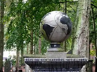 Wereldbol met de reis om de wereld van Pieter Hazewinkel op zijn grafzerk