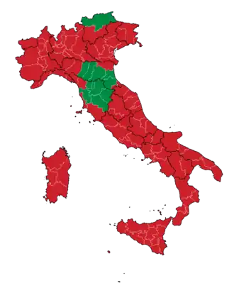 Uitslag per regio: Rood = meerderheid tegenstanders Groen = meerderheid voorstanders