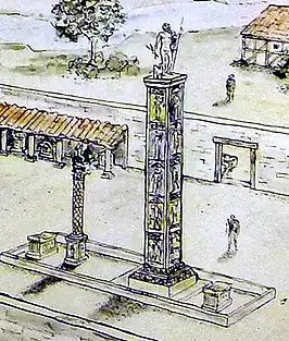 Reconstructie van de Jupiterpijler binnen het ommuurde heiligdom met erachter een kleinere Jupiterzuil