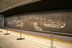 Kunstwerk: afbeeldingen van tijdens de bouw opgegraven voorwerpen, ingelegd in diverse soorten natuursteen en keramiek in de stationswanden, maart 2017.