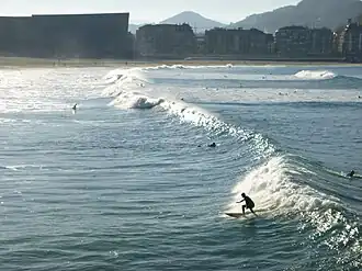 Surfers voor het strand, november 2017