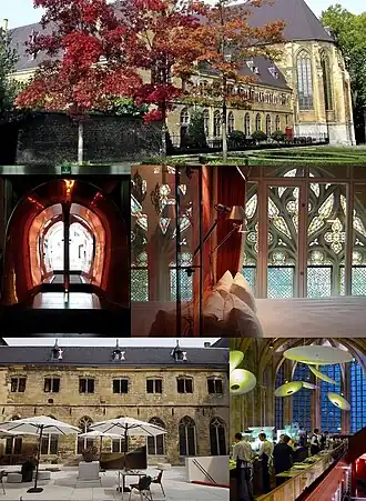 Het Kruisherenhotel vanaf de Kommel · koperen entreetunnel · hotelkamer met gotisch venster · pandhof en oostelijke kloostervleugel · entresol met restaurant