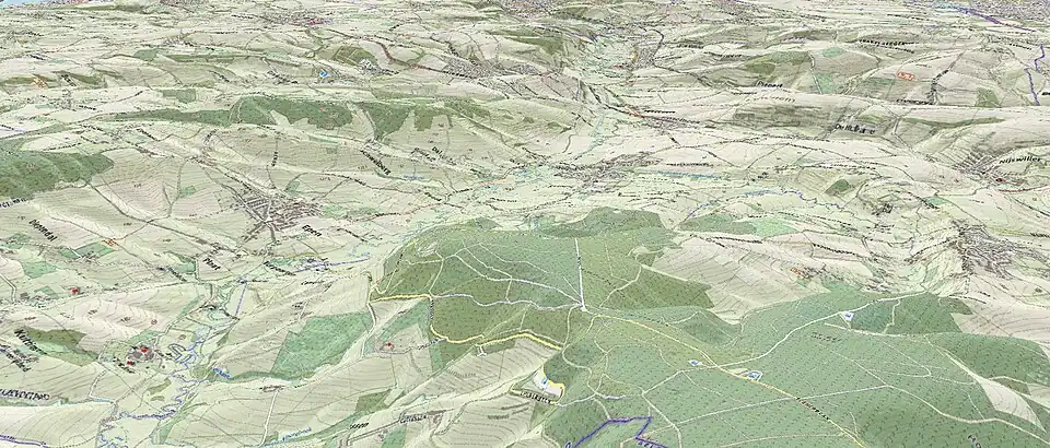 Topografisch 3D kaartbeeld van het Geuldal, gezien vanaf het Vijlenerbos richting Valkenburg