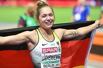 Gina Lückenkemper tijdens de EK van 2018 in Berlijn.