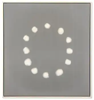 alt=#62-18, watten op zwart flanel bespannen met organza 85 x 80 cm, 1962